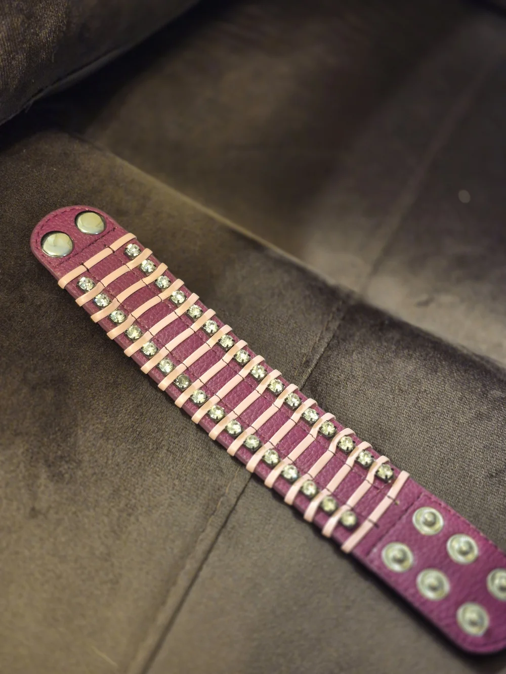 Studded Pink & Silver Rhinestone Leather Cuff Bracelet